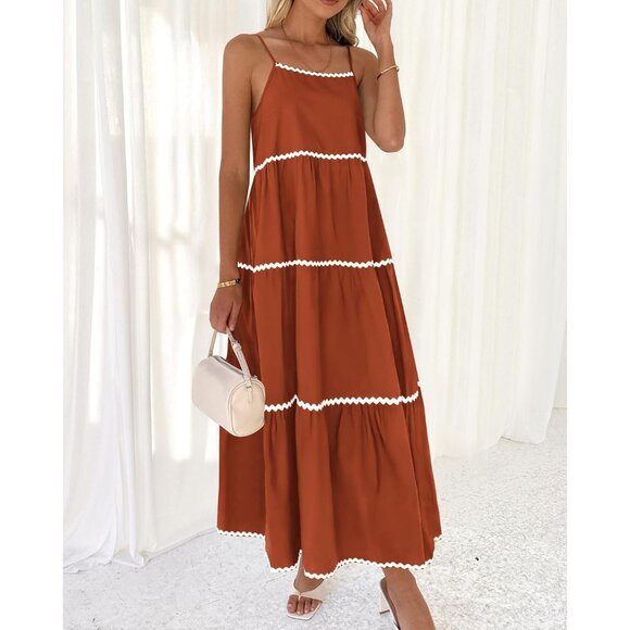 Elegant Backless Boho A-Line Sundress with Pleated Details - Maxi Length - Picture 3 of 6